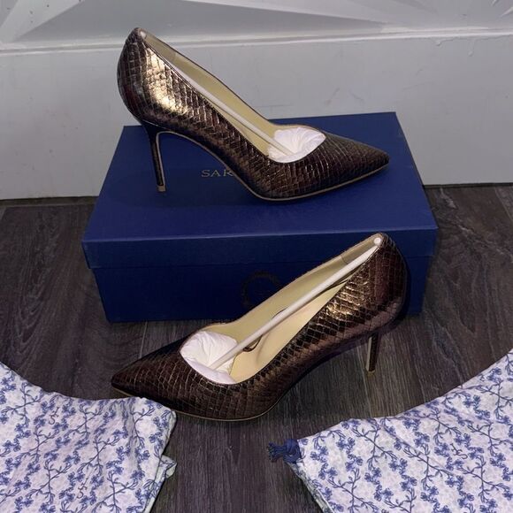 Sarah Flint Sequel Perfect Pump 85 Gold Snake Embossed Leather Heel Size 8.5 - Picture 5 of 7